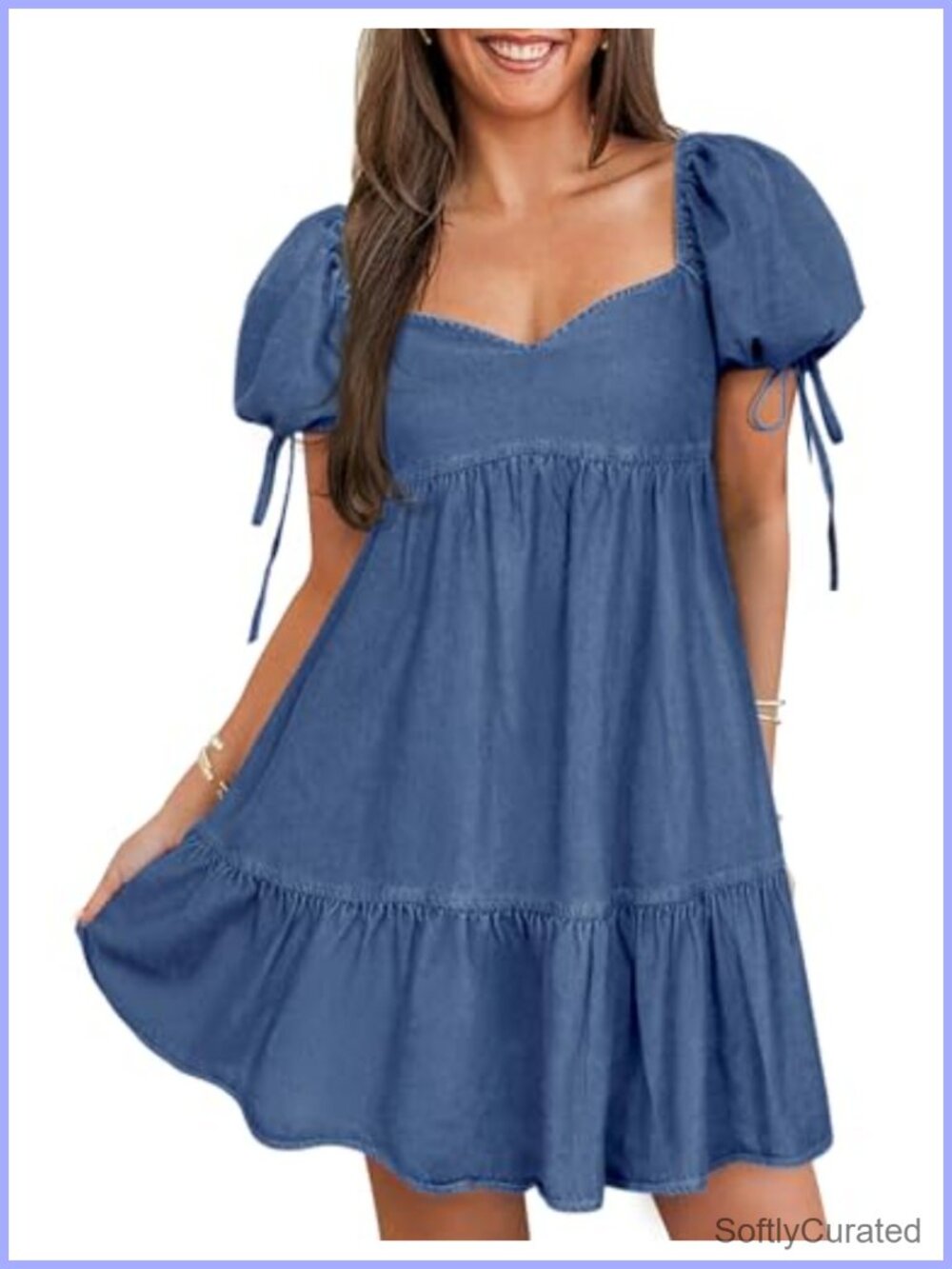 POTILI Women's Cotton Denim Mini Dress Puff Sleeve A-Line Casual